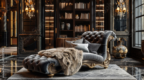 Luxurious living room with a velvet chaise lounge and plush fur throw pillows. photo
