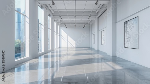 Spacious modern art gallery with large windows, bright natural light and polished floors, showcasing contemporary minimalist design.