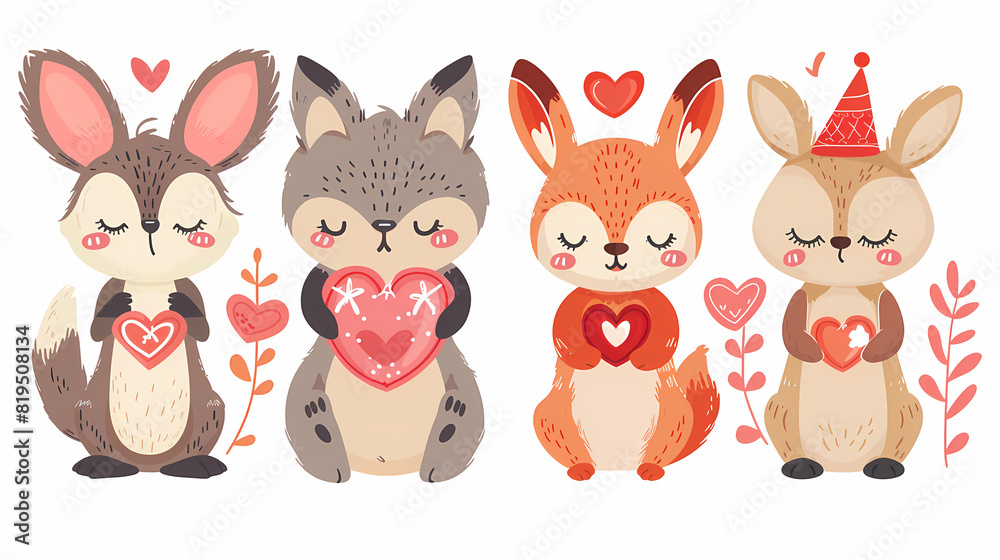 Naklejka premium Funny Animal in Love Feel Passion at Valentine Day ,A set of cute cartoon animals. Vector flat images of animals for postcards, invitations, textiles, thermal printing