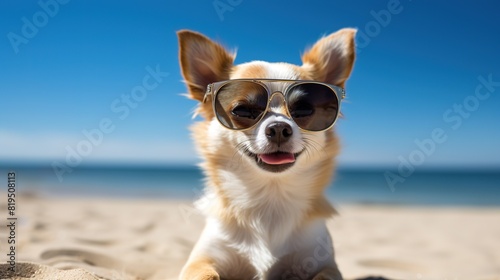funny chihuahua dog posing on a beach in sunglasses generate AI