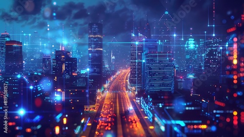 Internet and wireless technology interface over night cityscape background. Concept of business, big data and smart city. 3d rendering toned image double exposure
