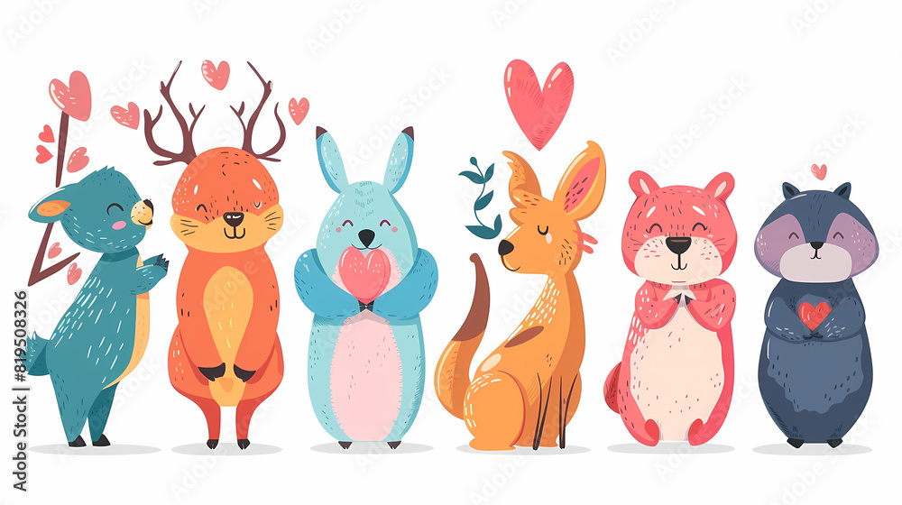 Naklejka premium Funny Animal in Love Feel Passion at Valentine Day ,A set of cute cartoon animals. Vector flat images of animals for postcards, invitations, textiles, thermal printing