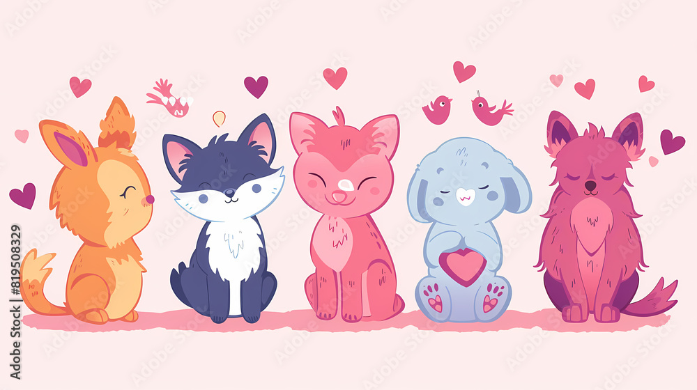 Obraz premium Funny Animal in Love Feel Passion at Valentine Day ,A set of cute cartoon animals. Vector flat images of animals for postcards, invitations, textiles, thermal printing