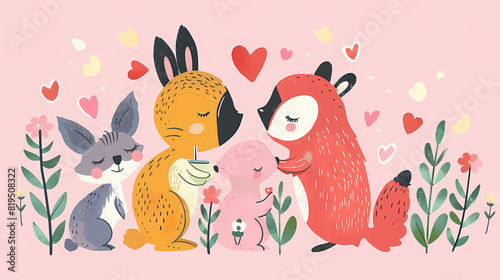 Funny Animal in Love Feel Passion at Valentine Day ,A set of cute cartoon animals. Vector flat images of animals for postcards, invitations, textiles, thermal printing