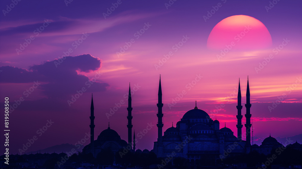 Silhouette mosques with sunset sky. Generative AI