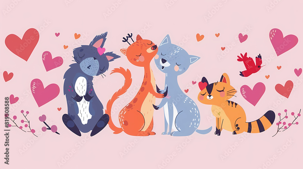 Fototapeta premium Funny Animal in Love Feel Passion at Valentine Day ,A set of cute cartoon animals. Vector flat images of animals for postcards, invitations, textiles, thermal printing