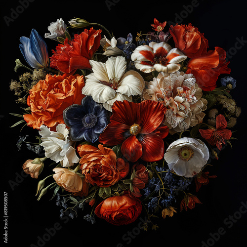 Luxurious baroque bouquet. Beautiful garden flowers, leaves and on black background. Pink and white peonies, roses, tulips. Generative AI photo
