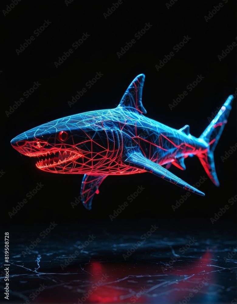 Neon Shark Wireframe Swimming Against a Black Marble Background with Red and Blue Lights Neon Shark Wireframe Swimming Against a Black Marble Background with Red and Blue Lights