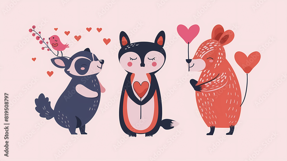 Funny Animal in Love Feel Passion at Valentine Day ,A set of cute cartoon animals. Vector flat images of animals for postcards, invitations, textiles, thermal printing Funny Animal in Love Feel Passion at Valentine Day ,A set of cute cartoon animals. Vector flat images of animals for postcards, invitations, textiles, thermal printing