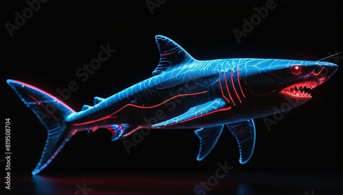 Neon Shark Wireframe Swimming Against a Black Marble Background with Red and Blue Lights