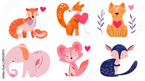 Funny Animal in Love Feel Passion at Valentine Day ,A set of cute cartoon animals. Vector flat images of animals for postcards, invitations, textiles, thermal printing