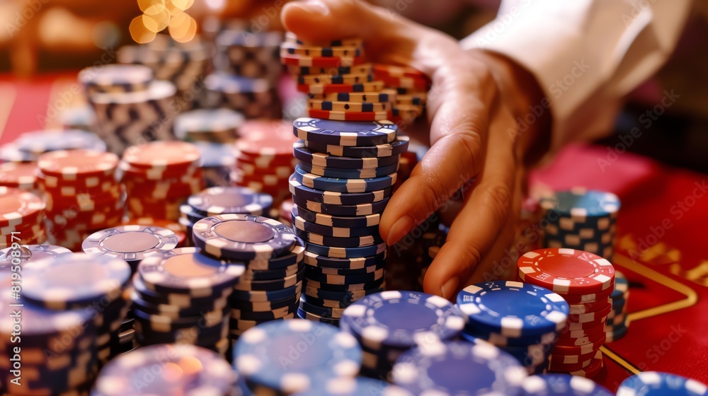A casino dealer handling a large stack of chips