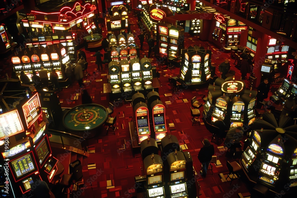 A casino floor filled with slot machines and players