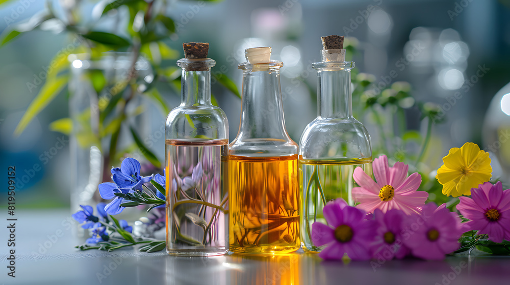 Natural extracts in test bottles on the research room counter. Natural extracts in test bottles on the research room counter.