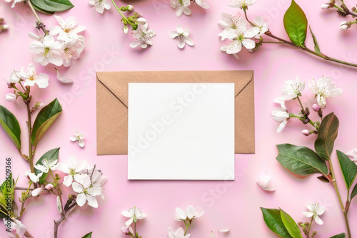 Wedding invitation or greeting card mockup with flowers on a pink background