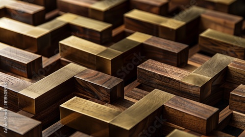 Interlocking brass and wood patterns creating a mesmerizing optical illusion.
