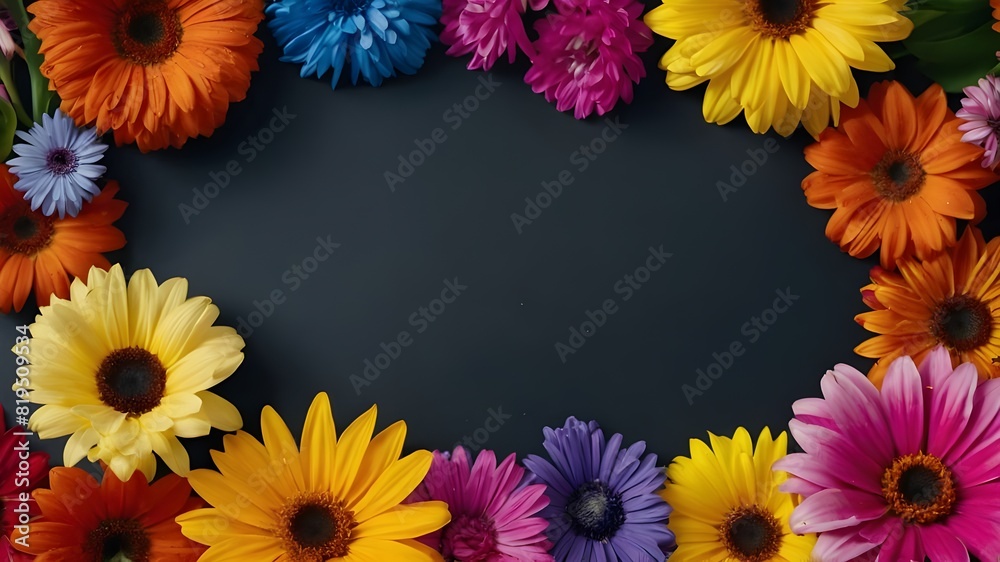 frame of colorful flowers, A vibrant and colorful flower frame with ample copy space, perfect for showcasing your message in a stunning and unique way.