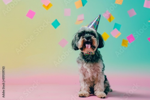 Happy Havanese dog wearing a birthday hat and bow tie on a colored background photo