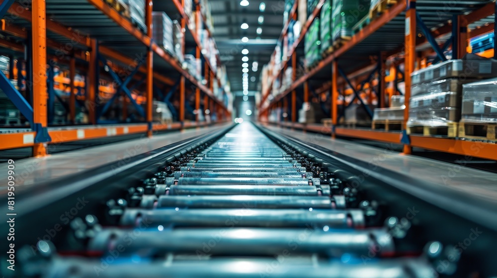 Industrial warehouse conveyor with metal rollers in a storage facility showcasing organized shelving and goods in a well-lit environment. Industrial warehouse conveyor with metal rollers in a storage facility showcasing organized shelving and goods in a well-lit environment.