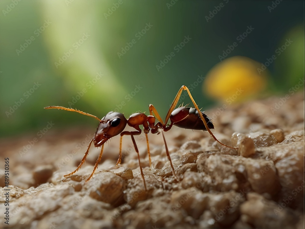 Red ants carry leaf litter back to their nests on the forest floor in the morning. Sunlight shines through the leaves, creating beams of light. 8k