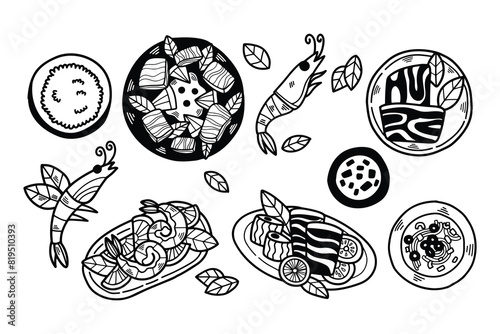 A black and white drawing of a variety of foods, including shrimp, fish