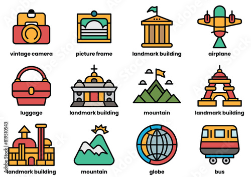 A variety of travel-related icons, including airplanes, suitcases, and landmarks