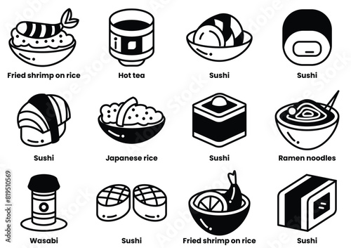 A collection of Japanese food items including sushi, ramen, and tempura