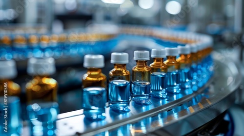 A production line of medical vials in a pharmaceutical factory. Clear and amber bottles filled with liquid medicines ready for distribution.