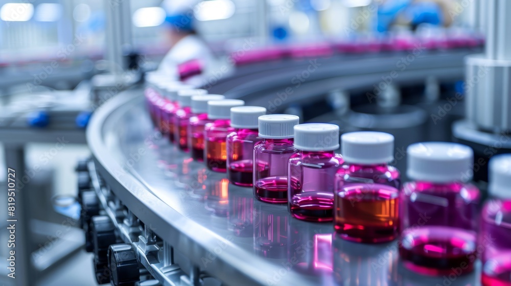 A production line of pink medicine bottles in a pharmaceutical factory, showcasing the industrial process of drug manufacturing and packaging.