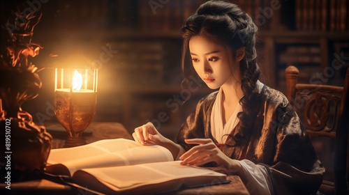 Thoughtful Chinese woman reading ancient texts under soft lamplight