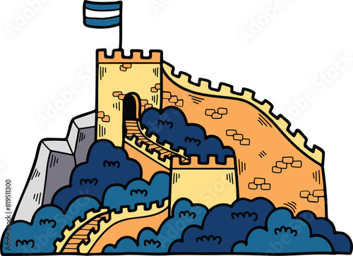 Illustration of Chinese buildings and the Great Wall Hand drawn in line style.