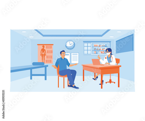 Female doctor wearing a mask. A male patient is doing a health check in the workroom. Medical Consultation concept. Flat vector illustration.