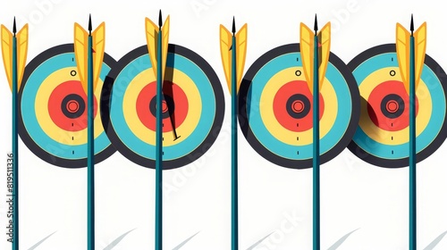 Cartoon arrows missed hitting target mark isolated on white background Multiple fail inaccurate attempt hit archery goal vector illustration Concept of business strategy and challenge failure photo