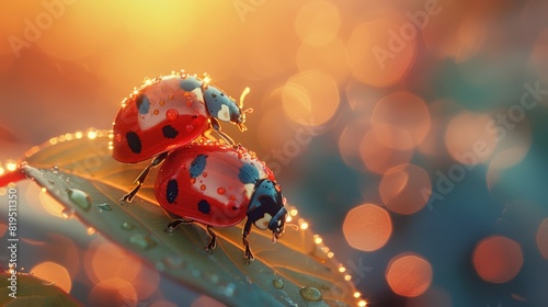 Two ladybugs sitting on a dew-covered leaf during sunset, creating a warm and tranquil natural scene with bokeh lights.