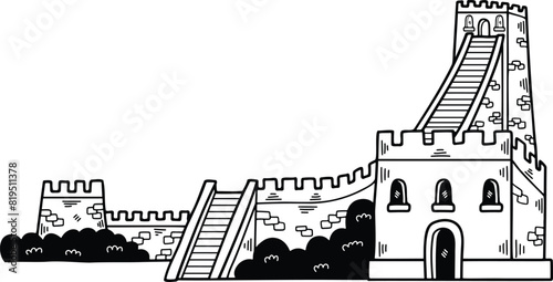 Illustration of Chinese buildings and the Great Wall Hand drawn in line style.
