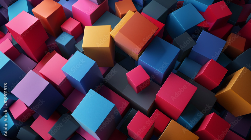 colorful 3d neon glowing cubes in dark space digital Futuristic background.