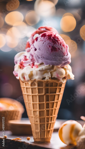 Close-up of a waffle cone with scoops of colorful ice cream, including pink and purple flavors, with a blurred bokeh background. Ice Cream Month.