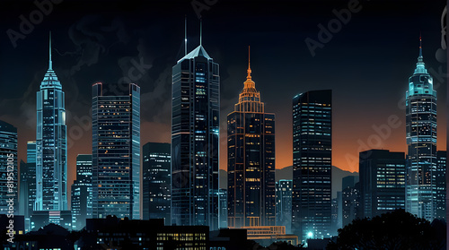 Glossy and artistic neon light effect urban landscapes of modern towering cities and Skyscrapers or Artistic textures and futuristic townscapes ai generative #819512105