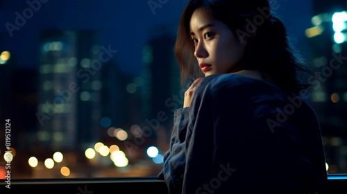 beautiful Asian female model Sitting by the window in a room looking out at the lights and colors of the big city at night.