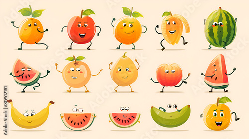 Cartoon mascot fruit Retro fruit character with legs and hands, cute facial expression, generative Ai