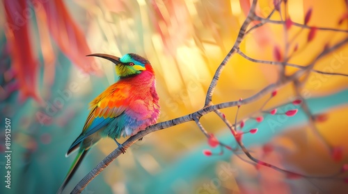 A bird perch with a colorful design, 3D render, vibrant colors, engaging activities © Moviebirth