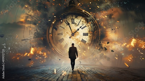 Man walking towards a giant exploding clock, symbolizing the concept of time, dreams, and surrealism in a dramatic and fantastical scene.