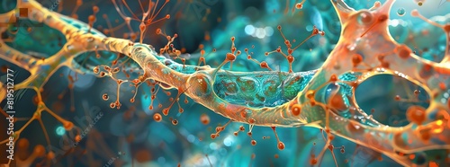 Microscopic close-up of vibrant neural connections and synapses in the brain, showing detailed and colorful biological structures. photo