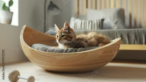 Fototapeta A cat bed with a builtin toy, 3D render, cozy and functional, stylish design