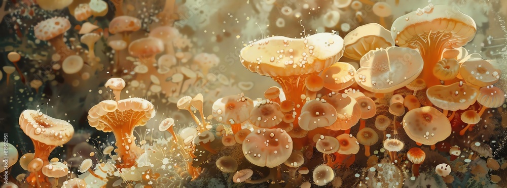 A vibrant cluster of orange mushrooms sprouting on a forest floor, illuminated by sunlight, showcasing the beauty of fungi in nature. A vibrant cluster of orange mushrooms sprouting on a forest floor, illuminated by sunlight, showcasing the beauty of fungi in nature.