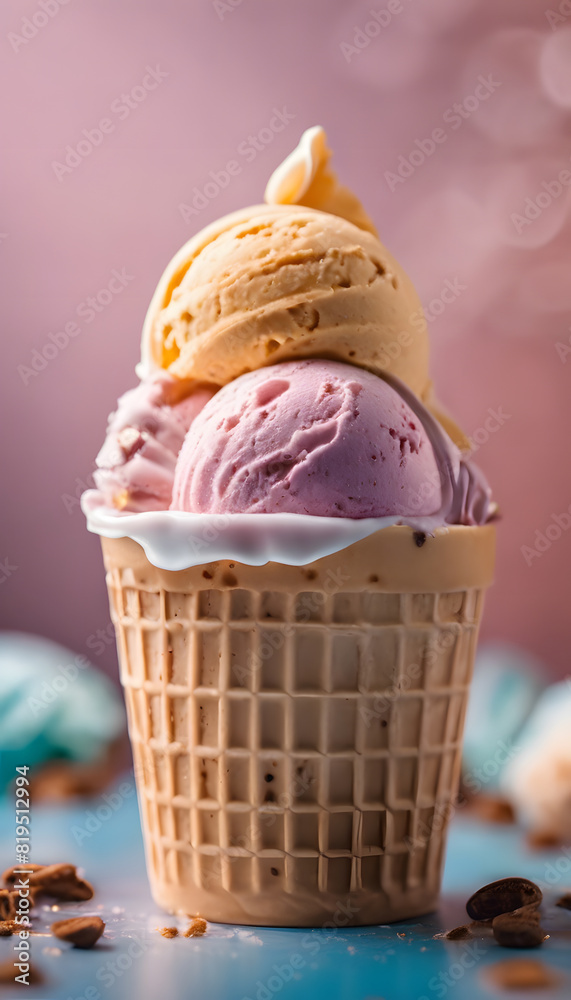 Close-up of a waffle cone filled with scoops of colorful ice cream, including pink and yellow flavors, against a blurred background. Ice Cream Month. Close-up of a waffle cone filled with scoops of colorful ice cream, including pink and yellow flavors, against a blurred background. Ice Cream Month.