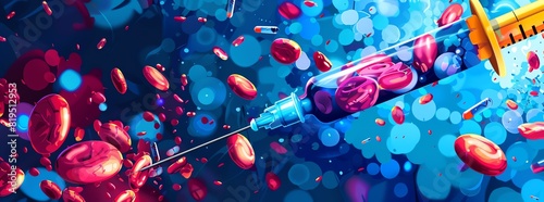 A vibrant illustration of a syringe extracting red blood cells on a blue background, symbolizing medical and scientific concepts.