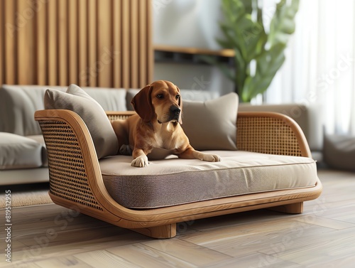 A dog bed with a builtin cooling system, 3D render, luxurious materials, ergonomic design