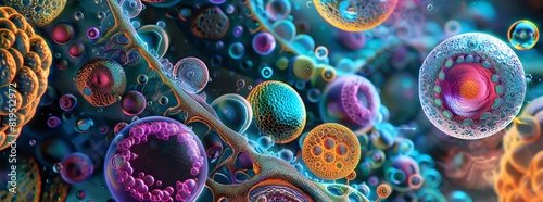 Abstract colorful microscopic organisms and cells, biological pattern, vibrant 3D rendering, scientific digital art. photo
