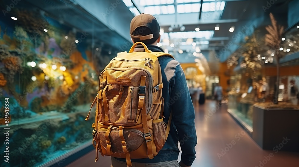 Hipster yellow backpack and map closeup. View from front tourist traveler bag on background blue sea aquarium. Person hiker visiting ocean museum in generate AI